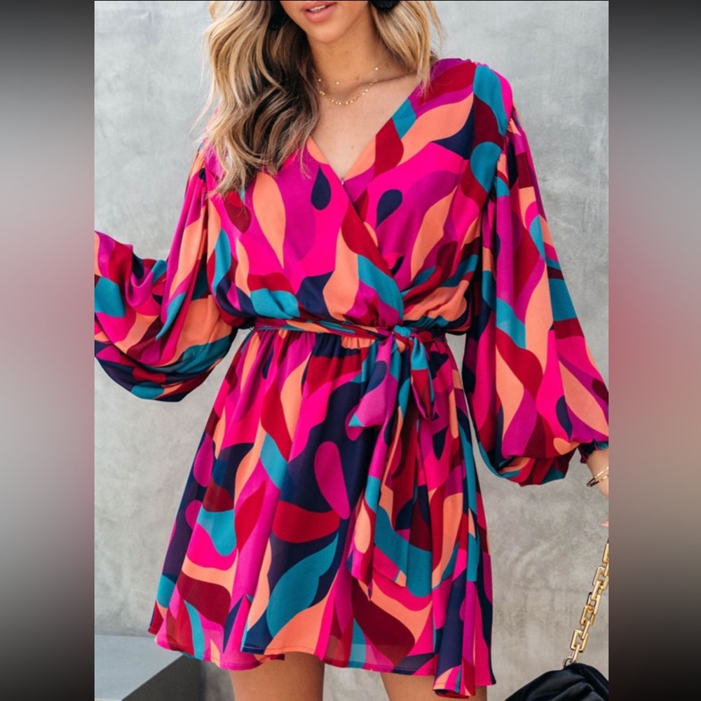 Red Abstract Printed Belted Puff Sleeve Dress